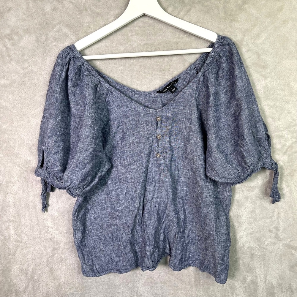 Zac & Rachel Linen Blend Peasant Top L Blue Puff Sleeve Tie Cuff Boho Coastal